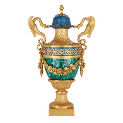 Pair of French Empire style malachite lapis lazuli and ormolu vases