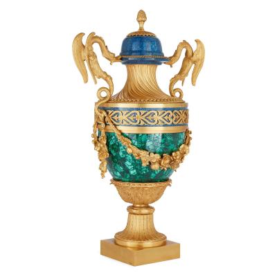 Pair of French Empire style malachite lapis lazuli and ormolu vases