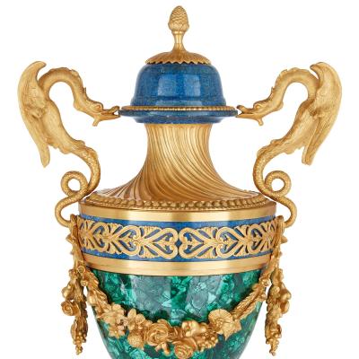 Pair of French Empire style malachite lapis lazuli and ormolu vases