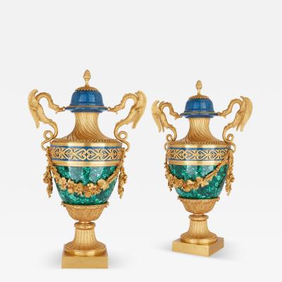 Pair of French Empire style malachite lapis lazuli and ormolu vases