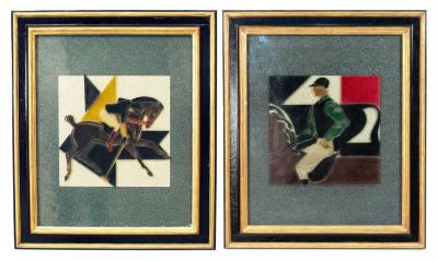 Pair of French Etched Polo Player Wall Plaques