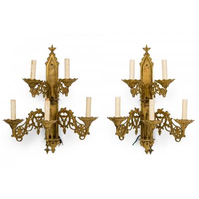 Pair of French Gothic Style Gilt Bronze Sconces
