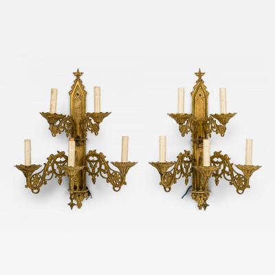 Pair of French Gothic Style Gilt Bronze Sconces