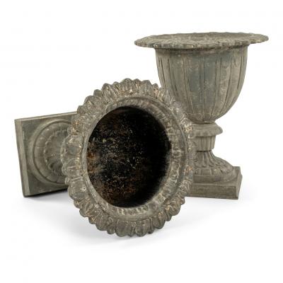 Pair of French Gray Painted Cast Iron Garden Urns