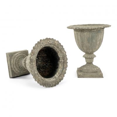 Pair of French Gray Painted Cast Iron Garden Urns