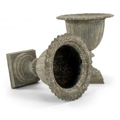 Pair of French Gray Painted Cast Iron Garden Urns