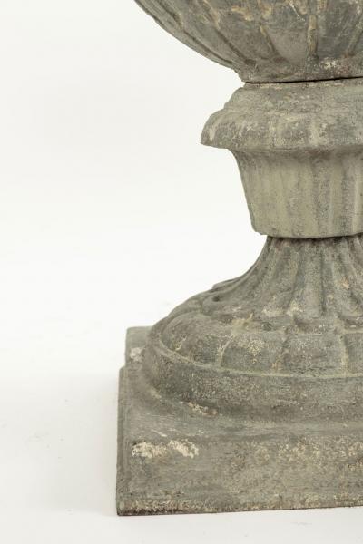 Pair of French Gray Painted Cast Iron Garden Urns