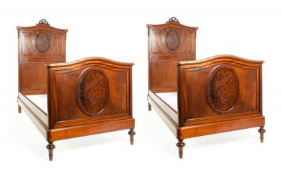 Pair of French Hand Carved Walnut Burl Walnut Single Bed