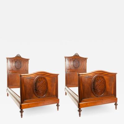 Pair of French Hand Carved Walnut Burl Walnut Single Bed