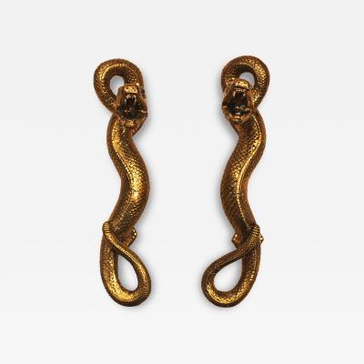 Pair of French Handcrafted Brass Snake Door Pull Handles 1960s