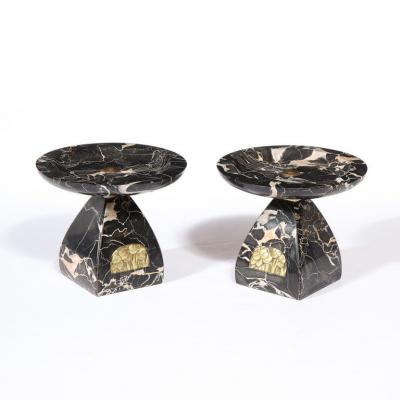 Pair of French High Style Art Deco Exotic Marble Tazzas with Foliate Detailing
