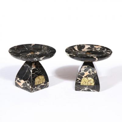 Pair of French High Style Art Deco Exotic Marble Tazzas with Foliate Detailing