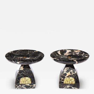 Pair of French High Style Art Deco Exotic Marble Tazzas with Foliate Detailing