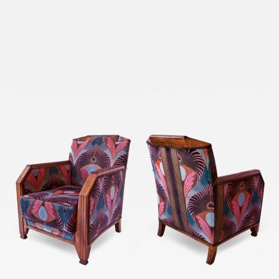 Pair of French Late Art Deco Mahogany Bergeres Club Chairs Maurice Dufrene