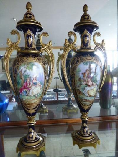 Pair of French Lidded Deep Cobalt Blue Antique Vases 1850 1899 by Granet 