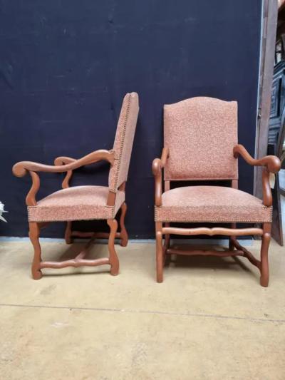 Pair of French Louis XIII Style Walnut Os de Mouton Chairs with Scrolling Arms