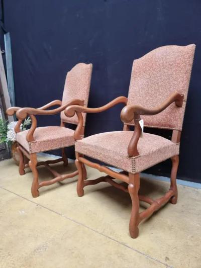 Pair of French Louis XIII Style Walnut Os de Mouton Chairs with Scrolling Arms