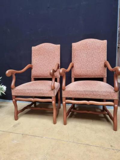 Pair of French Louis XIII Style Walnut Os de Mouton Chairs with Scrolling Arms