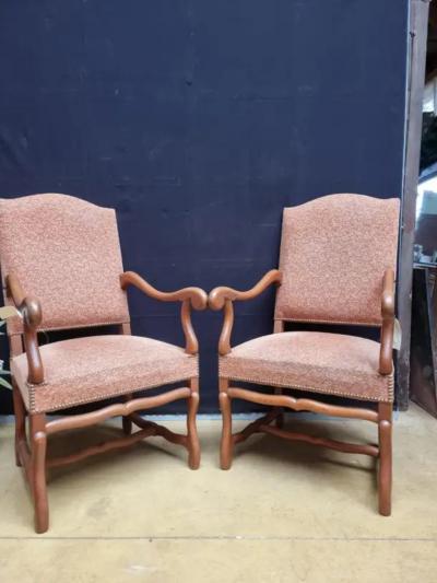 Pair of French Louis XIII Style Walnut Os de Mouton Chairs with Scrolling Arms