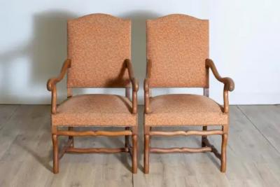 Pair of French Louis XIII Style Walnut Os de Mouton Chairs with Scrolling Arms