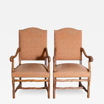 Pair of French Louis XIII Style Walnut Os de Mouton Chairs with Scrolling Arms