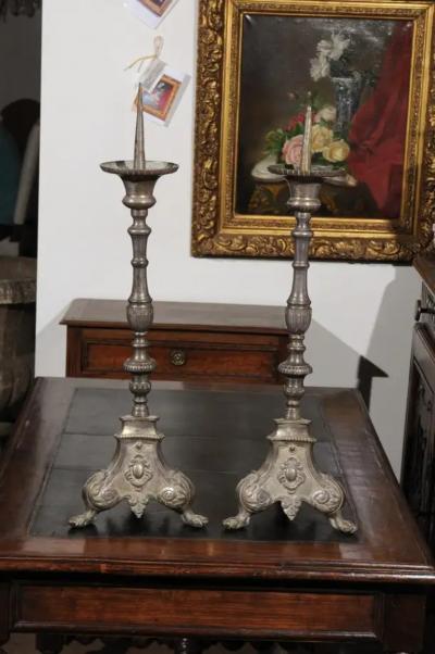 Pair of French Louis XV 18th Century Silvered Bronze Candlestick with Paw Feet