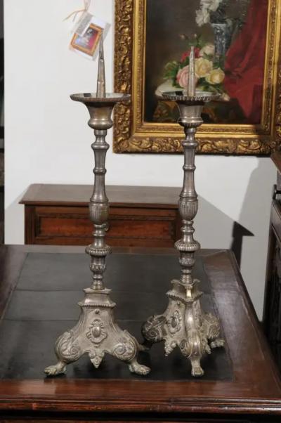 Pair of French Louis XV 18th Century Silvered Bronze Candlestick with Paw Feet