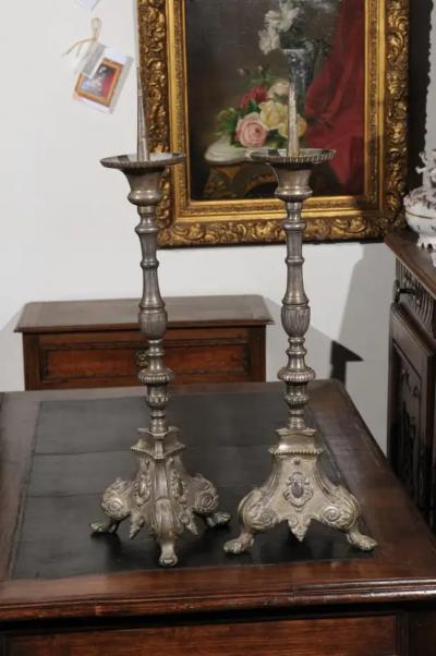 Pair of French Louis XV 18th Century Silvered Bronze Candlestick with Paw Feet