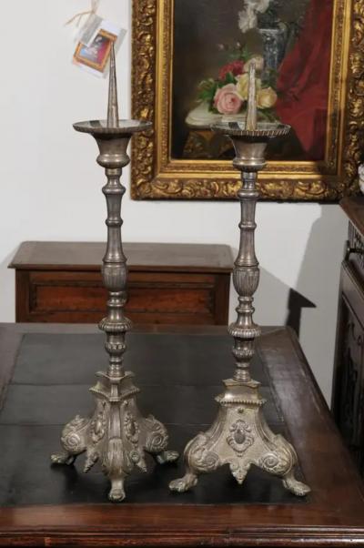 Pair of French Louis XV 18th Century Silvered Bronze Candlestick with Paw Feet