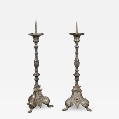 Pair of French Louis XV 18th Century Silvered Bronze Candlestick with Paw Feet