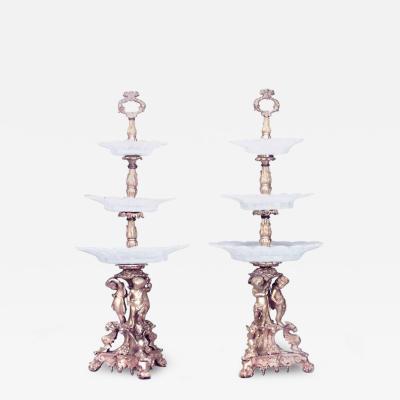 Pair of French Louis XV Bronze Dore 3 Tier Compotes