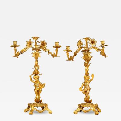 Pair of French Louis XV Bronze Dore Candelabras