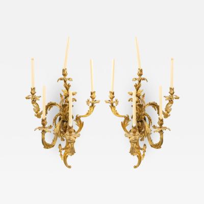 Pair of French Louis XV Bronze Dore Large Wall Sconces