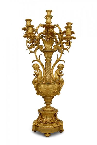Pair of French Louis XV Bronze Dore Urn Candelabras