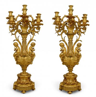 Pair of French Louis XV Bronze Dore Urn Candelabras