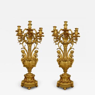 Pair of French Louis XV Bronze Dore Urn Candelabras