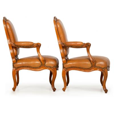 Pair of French Louis XV Carved Fauteuils Arm Chairs by Louis Cresson ca 1750