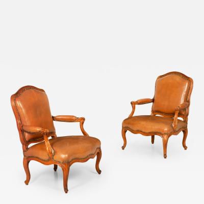Pair of French Louis XV Carved Fauteuils Arm Chairs by Louis Cresson ca 1750