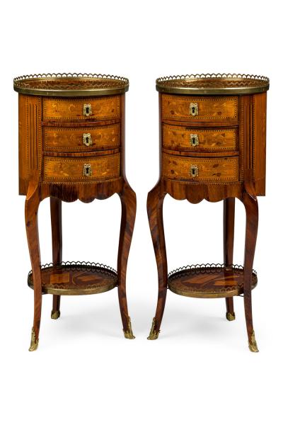 Pair of French Louis XV Round 3 Drawer Bedside Table