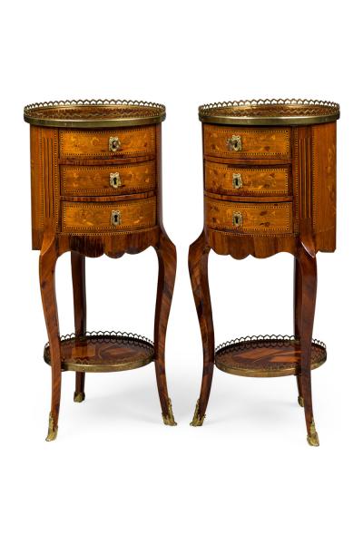 Pair of French Louis XV Round 3 Drawer Bedside Table