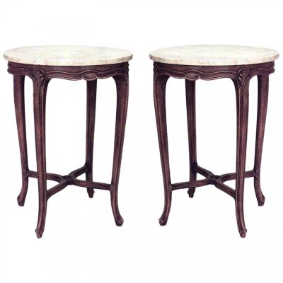 Pair of French Louis XV Small Walnut and Marble End Tables