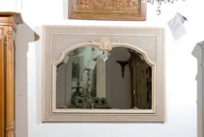 Pair of French Louis XV Style 1890s Painted Wood Horizontal Shell Carved Mirrors