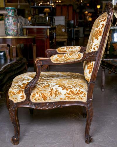 Pair of French Louis XV Style 1930s Walnut Armchairs Embroidered Upholstery