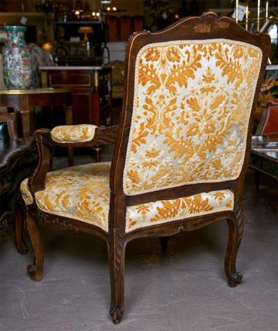 Pair of French Louis XV Style 1930s Walnut Armchairs Embroidered Upholstery