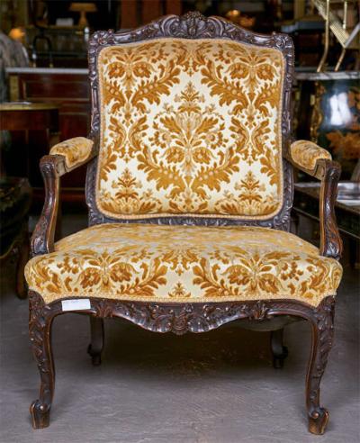 Pair of French Louis XV Style 1930s Walnut Armchairs Embroidered Upholstery