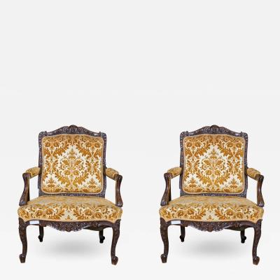 Pair of French Louis XV Style 1930s Walnut Armchairs Embroidered Upholstery