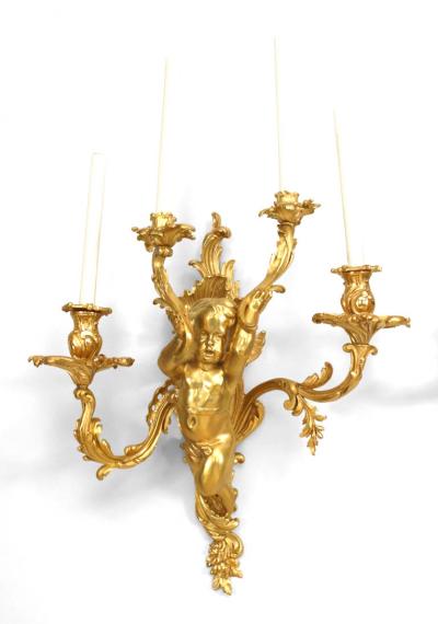 Pair of French Louis XV Style Bronze Dore Cherub Wall Sconces