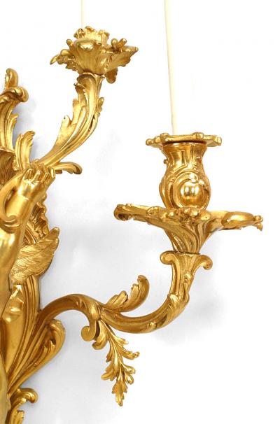 Pair of French Louis XV Style Bronze Dore Cherub Wall Sconces