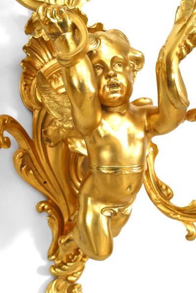 Pair of French Louis XV Style Bronze Dore Cherub Wall Sconces
