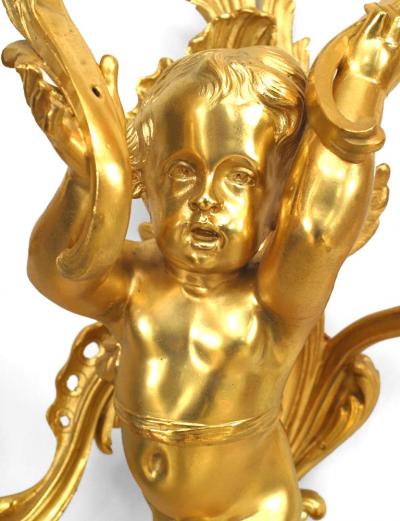 Pair of French Louis XV Style Bronze Dore Cherub Wall Sconces